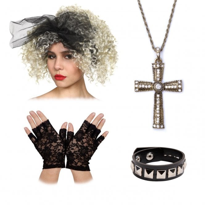 Material Girl Wig + Jewelled Cross Necklace + Black Studded Wristband + Fingerless Lace Gloves