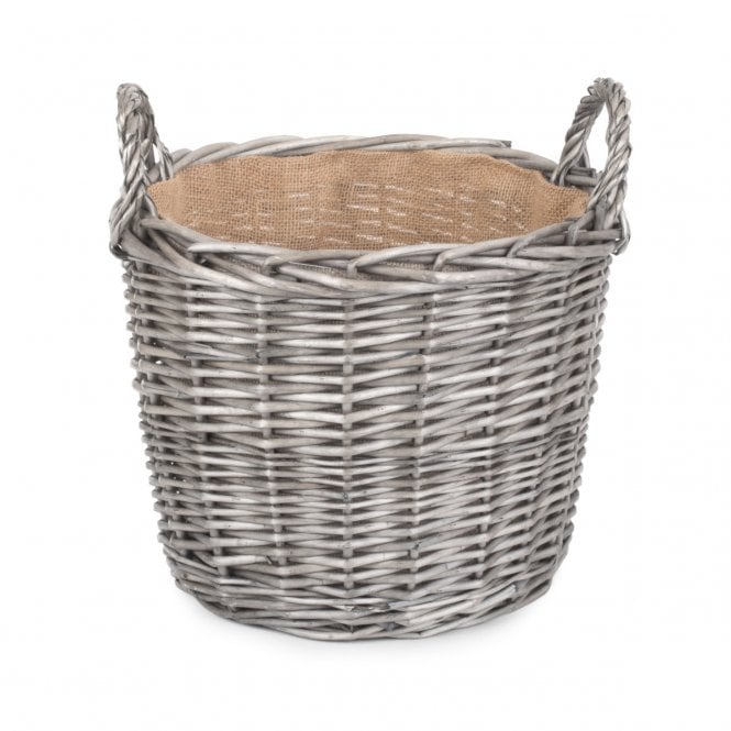 Medium Round Grey Antique Wash Lined Wicker Log Basket 