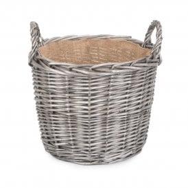 Medium Round Grey Antique Wash Lined Wicker Log Basket 