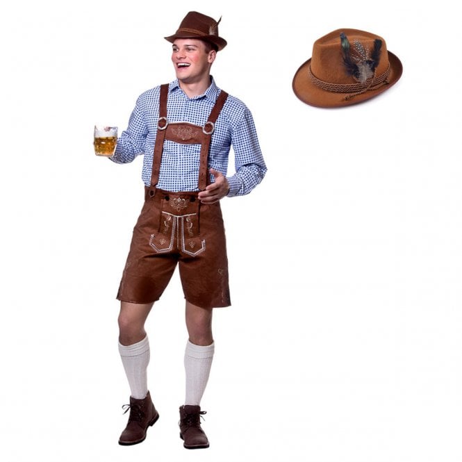 Mens Authentic Suede Lederhosen + Oktoberfest BROWN Hat (BN)