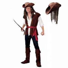 Mens Caribbean Pirate Costume + Pirate Hat With Braids & Beads