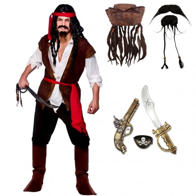 Mens Caribbean Pirate + Pirate Hat + Beard & Tash + Captain Jack Set