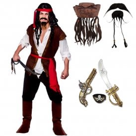 Mens Caribbean Pirate + Pirate Hat + Beard & Tash + Captain Jack Set