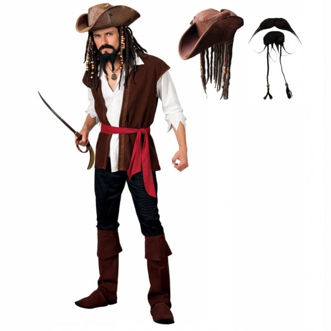 Mens Caribbean Pirate + Pirate Hat + Beard & Tash 