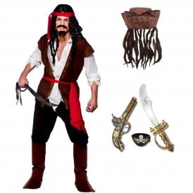 Mens Caribbean Pirate + Pirate Hat + Captain Jack Set