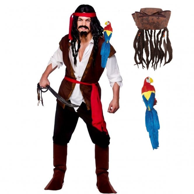 Mens Caribbean Pirate + Pirate Hat + Large Shoulder Parrot