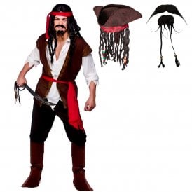 Mens Caribbean Pirate + SUPER DELUXE PIRATE HAT + Beard & Tash 