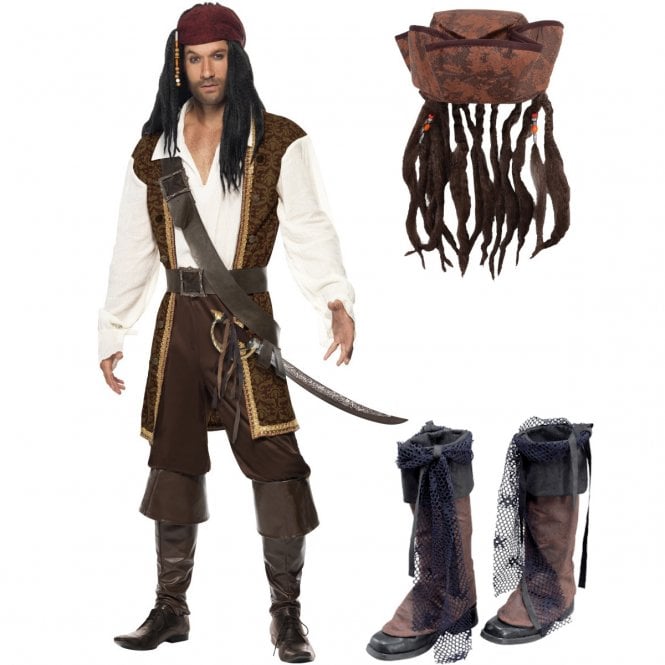 Mens High Seas Pirate - Adult 3-PIECE Costume Set (Costume, Hat, Bootcovers) 