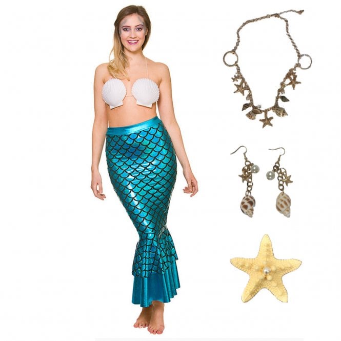 Mermaid Skirt + Necklace + Earrings + Starfish Hairclip