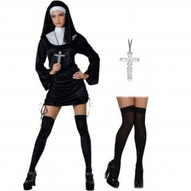 Naughty Nun - Adult Costume Set (Dress, Headpiece, Cross, BLACK Hold Ups) 