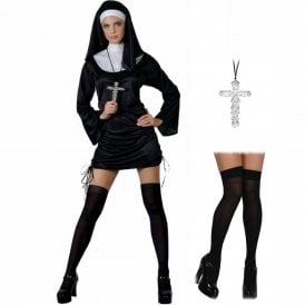 Naughty Nun - Adult Costume Set (Dress, Headpiece, Cross, BLACK Hold Ups) 