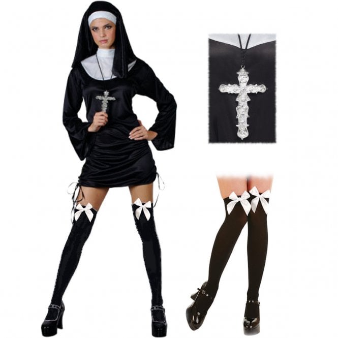 Naughty Nun - Adult Costume Set (Dress, Headpiece, Cross, Black Hold Ups WHITE BOWS) 