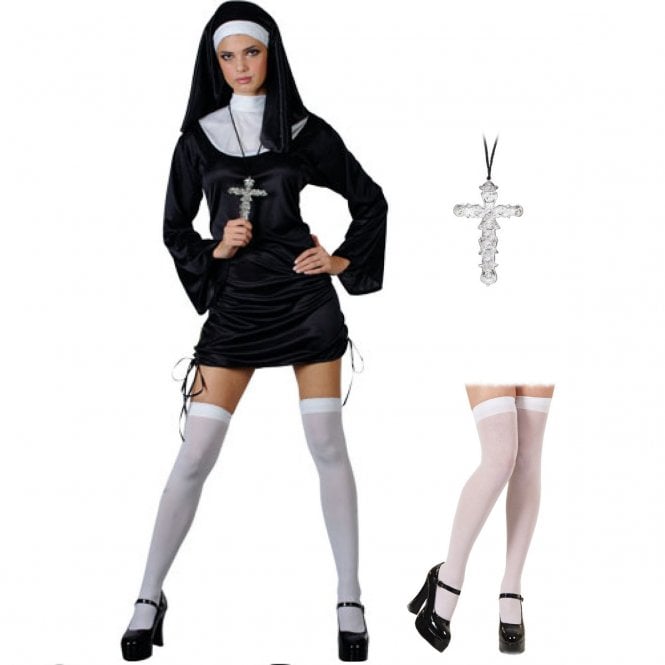 Naughty Nun - Adult Costume Set (Dress, Headpiece, Cross, WHITE Hold Ups)