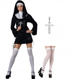 Naughty Nun - Adult Costume Set (Dress, Headpiece, Cross, WHITE Hold Ups)