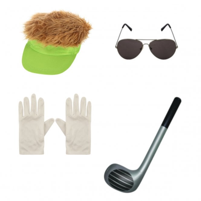 Neon Green Visor with Hair + Inflatable Golf Club + White Gloves + Aviator Style Dark Glasses