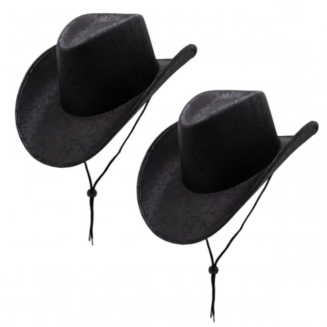 NEW 2 x Adult Texan Cowboy Hats - Aged Faux Leather - Black