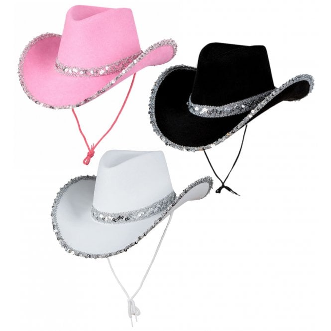 NEW! 3 ASSORTED Texan Cowgirl Sequin Hats : 1 x BABY PINK; 1 x WHITE; 1 x BLACK 