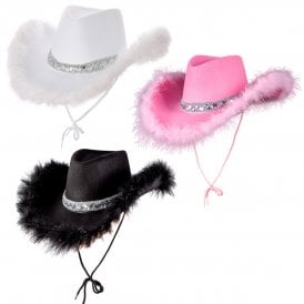 NEW 3 x *ASSORTED* MARABOU Texan Cowgirl Hats : 1 x PINK; 1 x WHITE; 1 x BLACK 