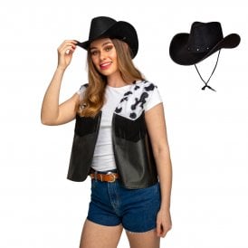 NEW Adult Cowboy/Cowgirl Cowprint Waistcoat + BLACK Texan Hat