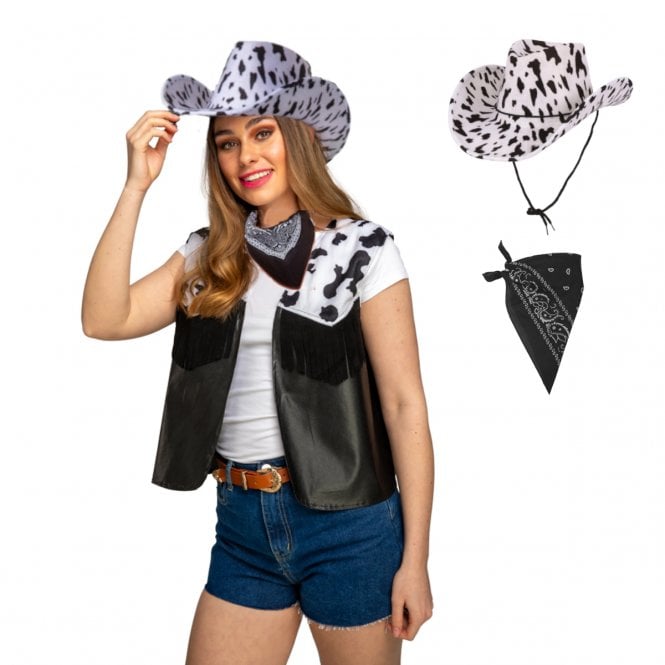 NEW Adult COWPRINT Waistcoat + COWPRINT Texan Hat + Black Bandana