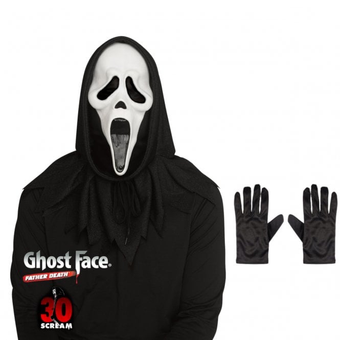 NEW Adult Ghost Face® 30th Anniversary Mask with Hood + Black Gloves 