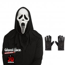 NEW Adult Ghost Face® 30th Anniversary Mask with Hood + Black Gloves 