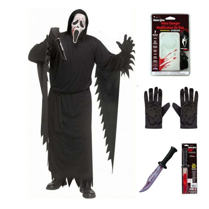 NEW Adult Ghost Face® BLOOD SPATTER STD Costume + Bloody Blade + Voice Changer + Black Gloves