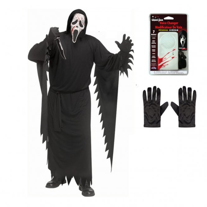 Adult Ghost Face® BLOOD SPATTER STD Costume + Voice Changer + Black Gloves