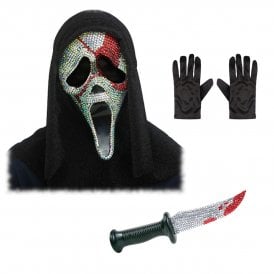 NEW Adult Ghost Face® Bloody Bling Mask & Knife SET + Black Gloves