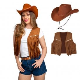 NEW Ladies Brown Faux Suede Waistcoat w Fringes + Brown Texan Cowboy Hat