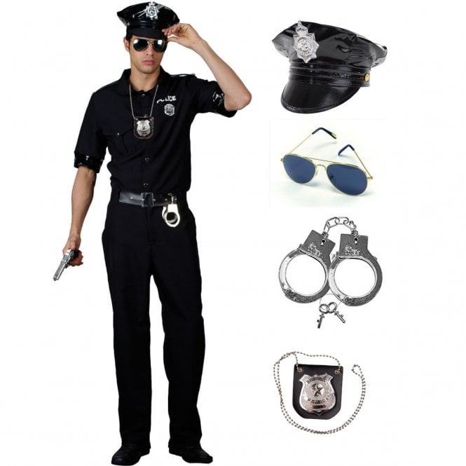 New York Cop + Police Hat + Aviator Glasses + Metal Handcuffs + Badge on Neck Chain