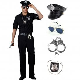 New York Cop + Police Hat + Aviator Glasses + Metal Handcuffs + Badge on Neck Chain