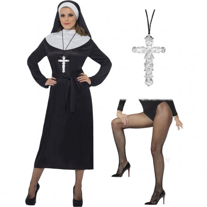 Nun (Longer Length) - Adult Costume Set (Costume, Ornate Cross, Lattice Tights) 