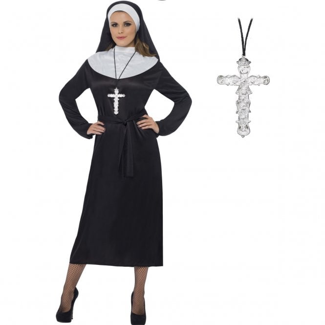 Nun (Longer Length) - Adult Costume Set (Costume, Silver Ornate Cross)
