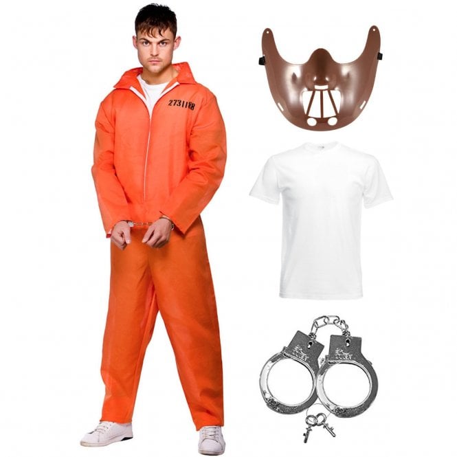 Orange Convict + Crew Neck White T-Shirt + Hannibal Mask + Handcuffs