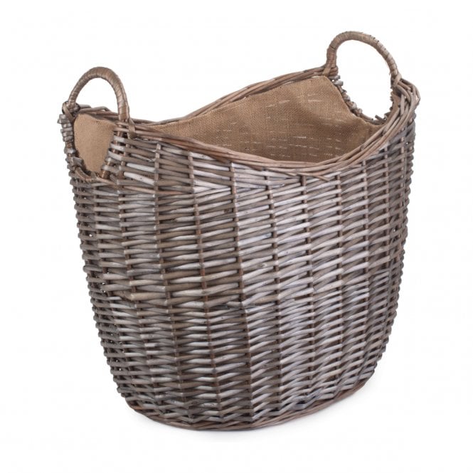 Large Scoop Neck Antique Wash Hessian Lined Basket 44 x 38 x 36/43/48cm