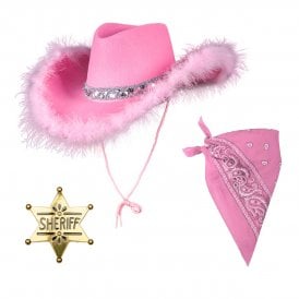 PINK Sequin & Marabou Feather Cowgirl Hat + BABY PINK Bandana + GOLD Sheriff Badge
