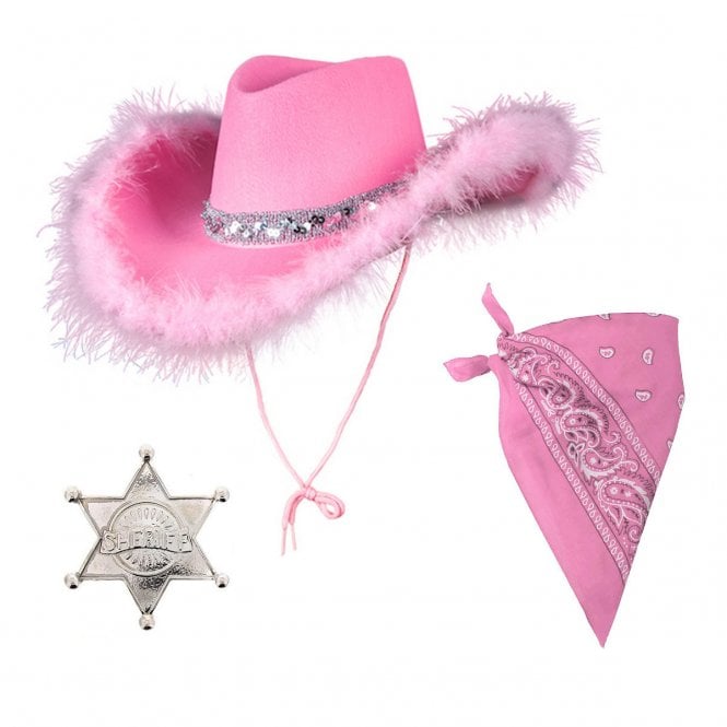 PINK Sequin & Marabou Feather Cowgirl Hat + BABY PINK Bandana + SILVER Sheriff Badge