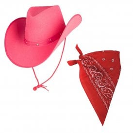  Texan Cowboy Pink Hat + Red Bandana - Adult Accessory Set