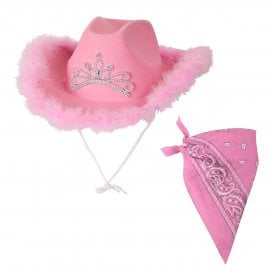 PINK TIARA & Marabou Feather Cowgirl Hat + Pink Bandana