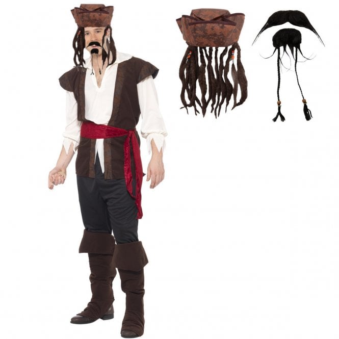Pirate Deck Mate + Hat with Hair Braid & Beads + Beard & Tash