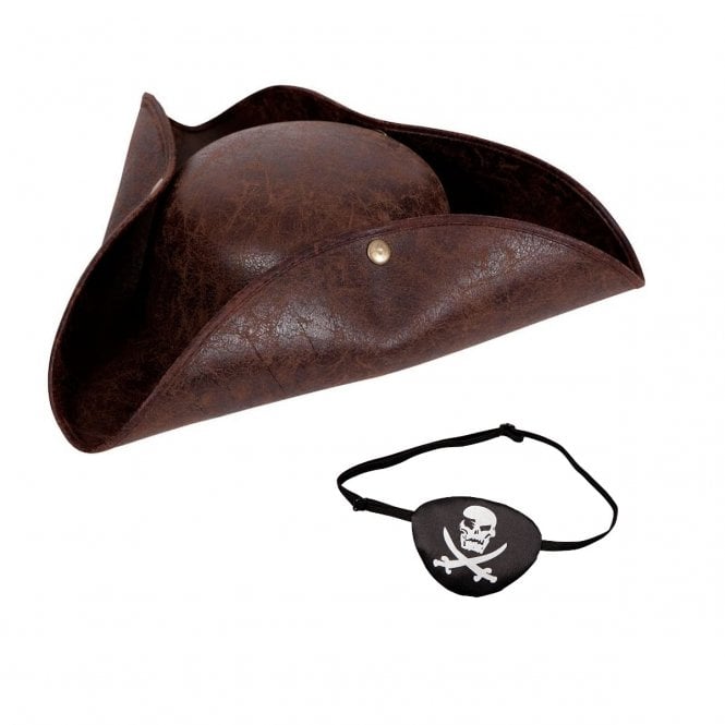 Pirate Hat - Brown Distressed Leather + Skull & Crossbones Eyepatch
