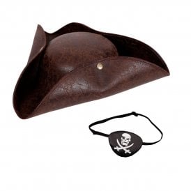 Pirate Hat - Brown Distressed Leather + Skull & Crossbones Eyepatch