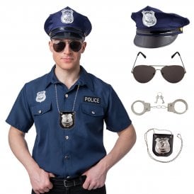 Police Shirt (Blue) + Deluxe U.S Cop Hat (Blue) + Aviator Sunglasses + Metal Handcuffs + Badge on Neck Chain