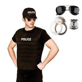 POLICE Vest & Cap + Instant Cop Set (Glasses, Metal Handcuffs, Police Badge)