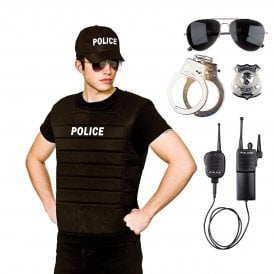 POLICE Vest & Cap + Radio Set + Instant Cop Set (Glasses, Handcuffs, Badge)