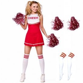 RED High School Cheerleader (Dress + Pom Poms) + Over The Knee Socks 