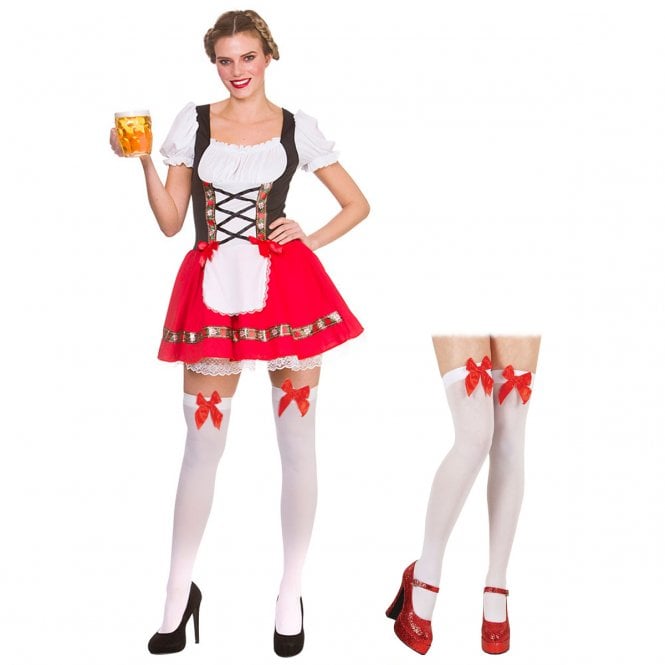 RED Oktoberfest Beer Girl + White Hold Ups w RED BOWS