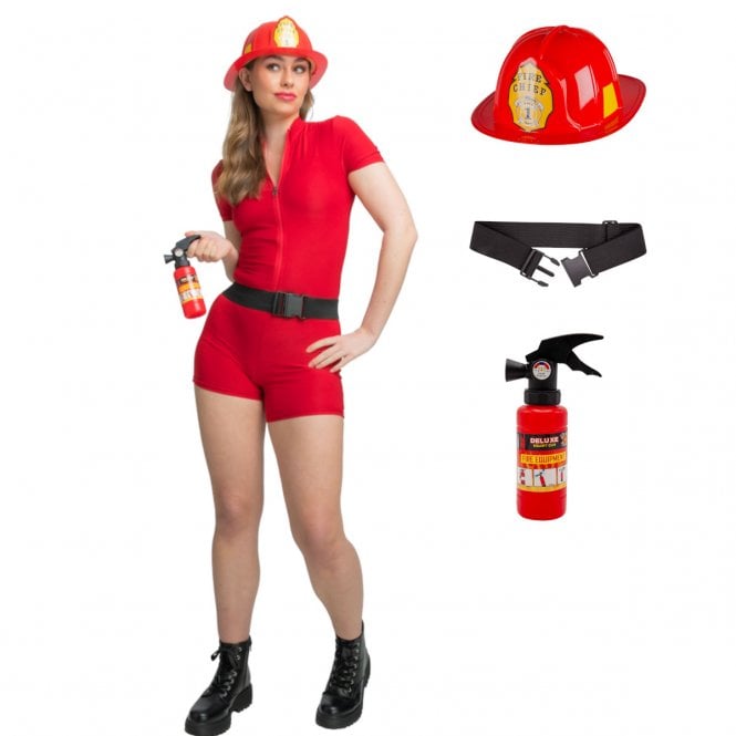 Red Romper + Fire Fighter Helmet + Mini Fire Extinguisher Water Pistol + Utility Belt