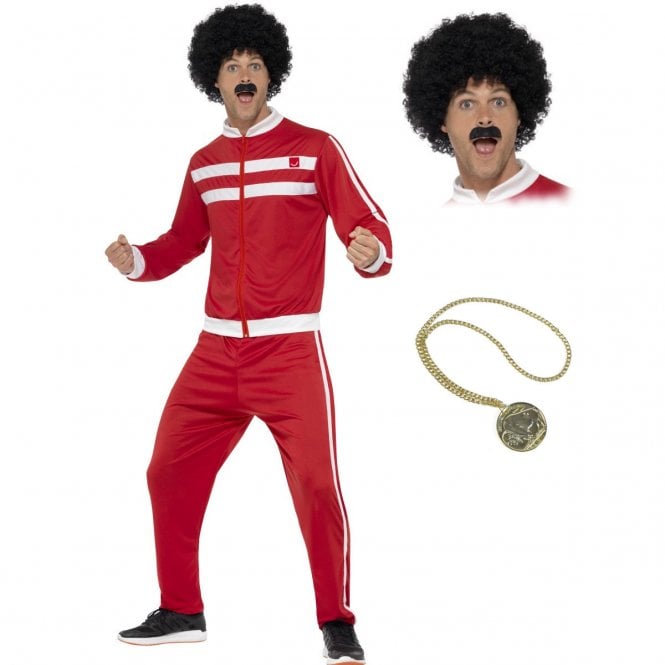 Red Scouser Tracksuit + Wig & Tash + Gold Medallion